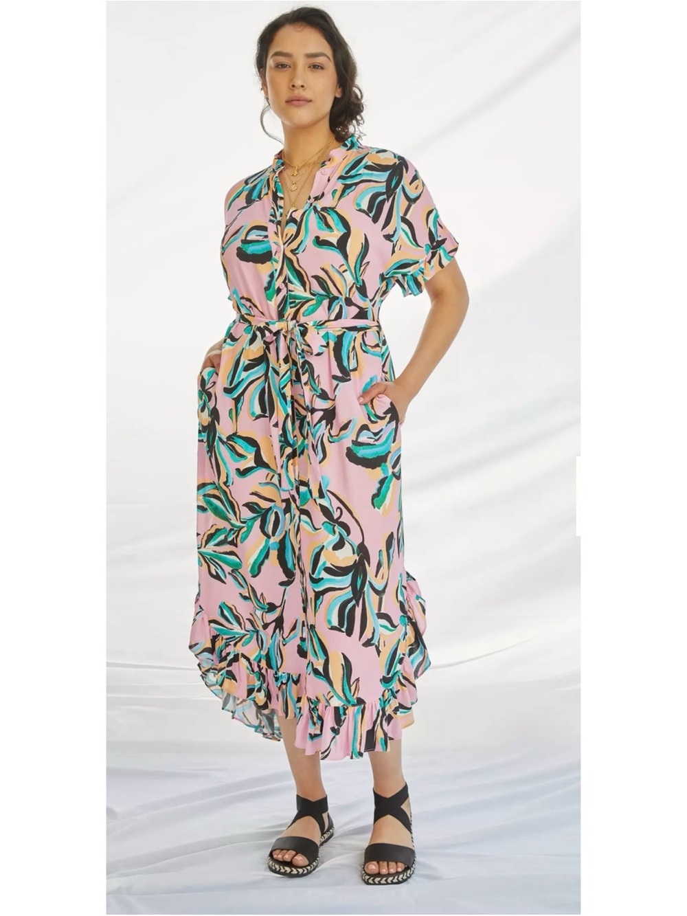 Corey Lynn Calter Ruffle Maxi Shirt Dress Tropical Leaf Print Tie-Waist Maxi